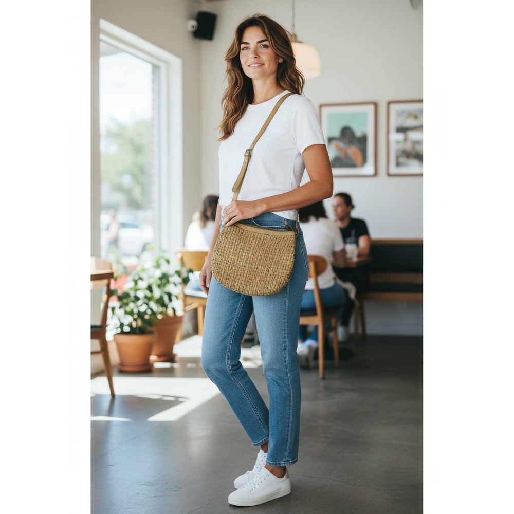 Vilenca Holland Tan Woven Leather Crossbody Bag Adjustable Strap Boho Messenger